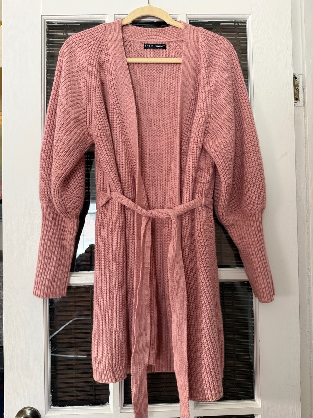 SHEIN Women’s L Peachy Pink Long Belted Chunky Knit Open Cardigan | SKU 0086